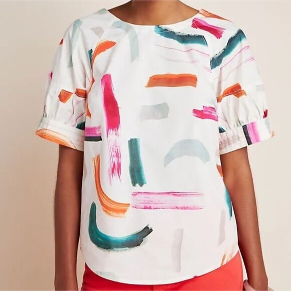 Anthropologie Aimee Clarke Art Brushstroke Button Back Puff Sleeve Top Womens XS - Picture 2 of 16